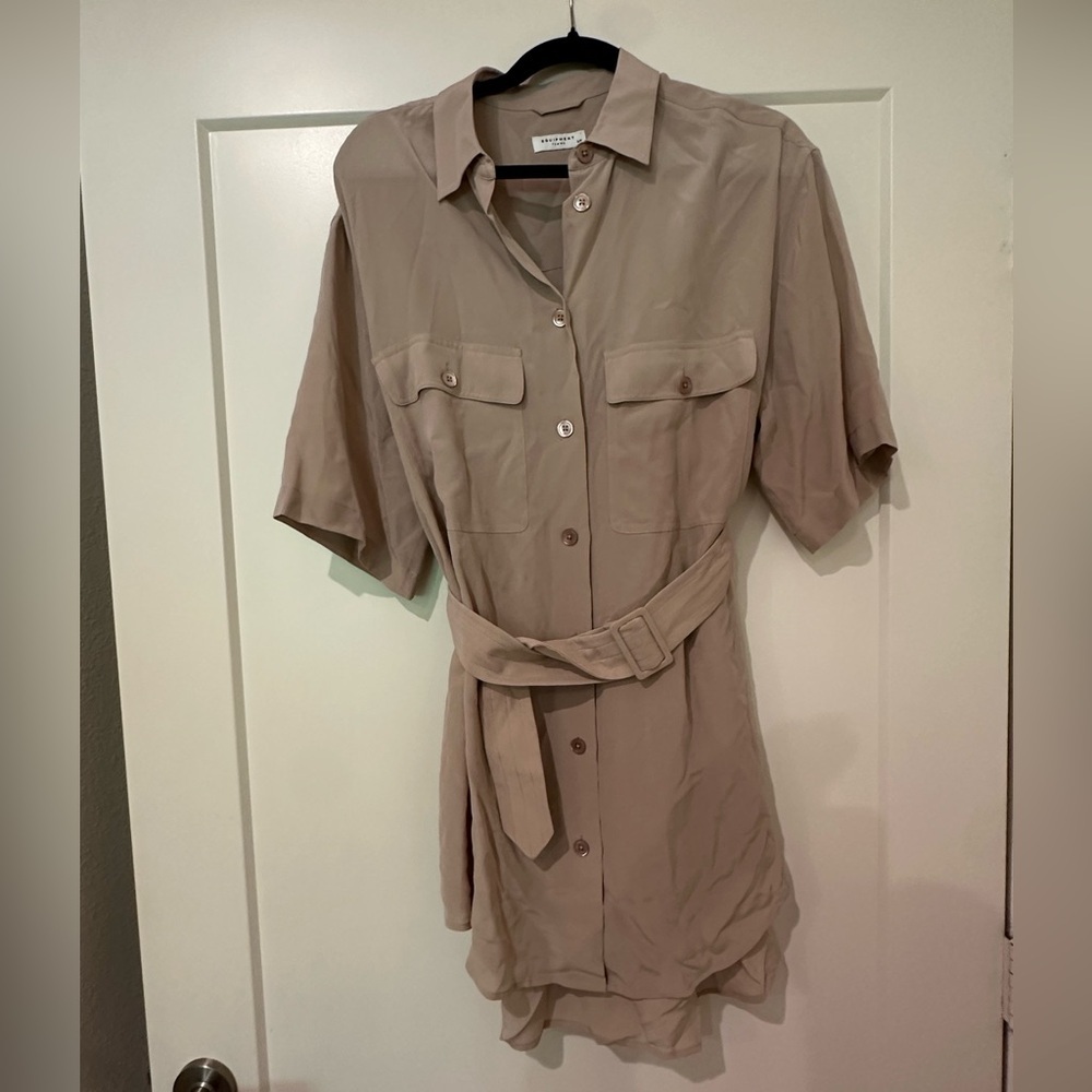 Equipment Silk Utility Shirt Dress with Belt in Taupe